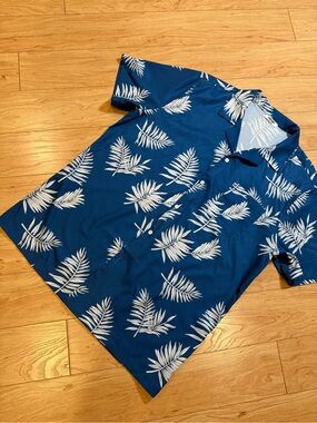 COOFANDY Men’s Hawaiian Camp Shirt Blue White Palm Leaf Print Size L